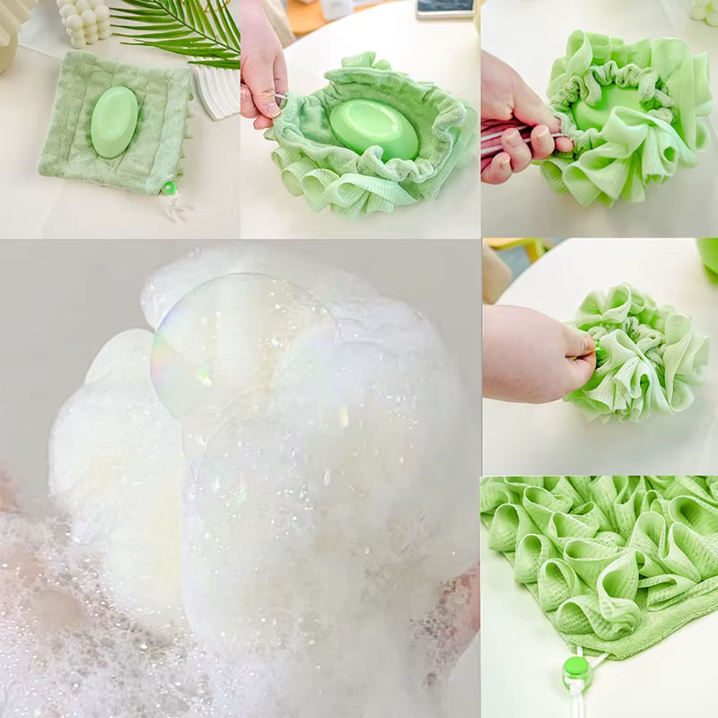 2-In-1 Bath Ball Towel Loofah With Drawstring Closure For Soap Soft Exfoliating Mesh Shower Sponge Skin Care Bathing Tool - Image 4